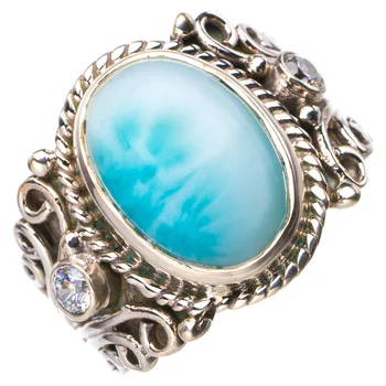 

StarGems Natural Caribbean Larimar And Zircon Handmade 925 Sterling Silver Ring 8.5 D4695