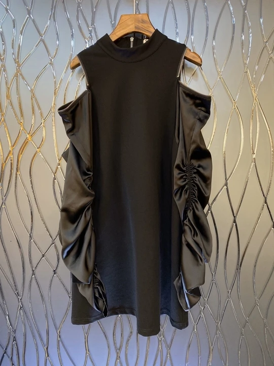 autumn Early new women's dress 1006 with round collar, zipper, shoulder-open, color-matched, wrinkled, long-sleeved dress