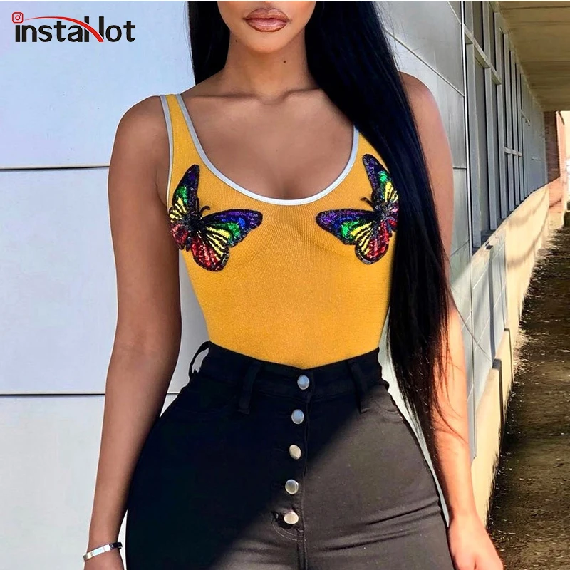 Женский облегающий Топ InstaHot повседневный без рукавов с круглым вырезом бабочка