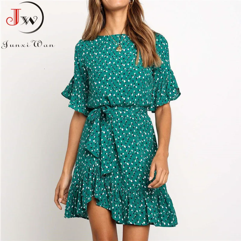 

New Summer Print Floral Dress Women Short Sleeves Chiffon Bohemian Dresses Beach Mini Feminine Wrap Party Dress Plus Size