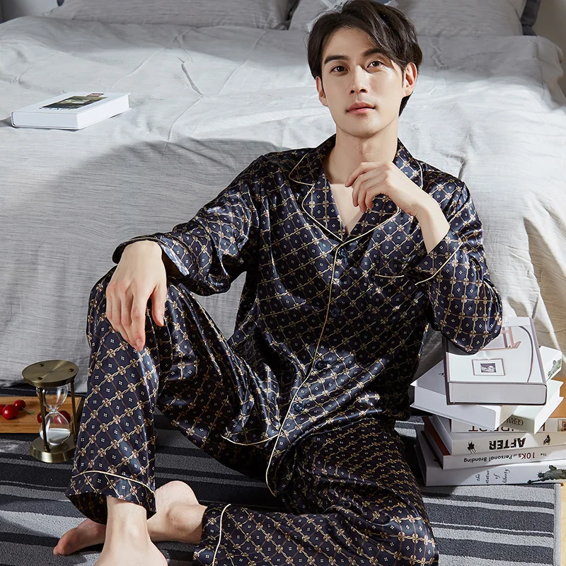100% Real Silk Pajamas For Men Pijama Hombre 2Pcs Pure Silk Pyjama Homme Long Sleeve Button-Down Home Clothes Sleepwear PJ Sets