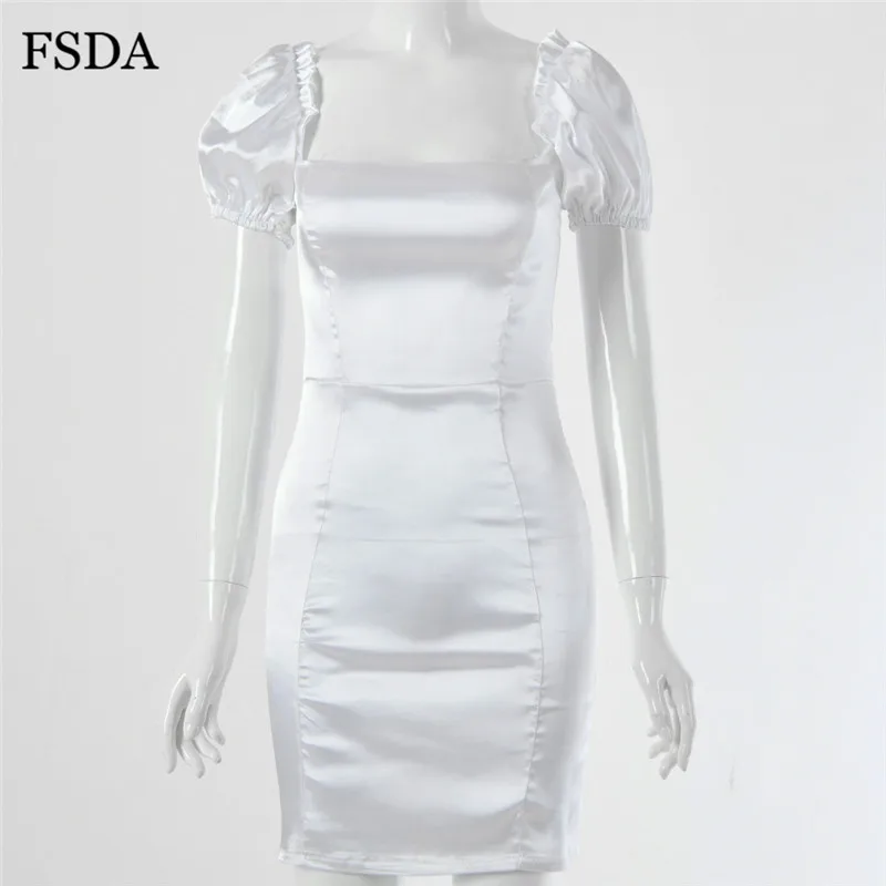 FSDA облегающее Мини Летнее платье с квадратным вырезом женское Модное пышное платье с открытой спиной повседневное элегантное белое атласное платье с рюшами