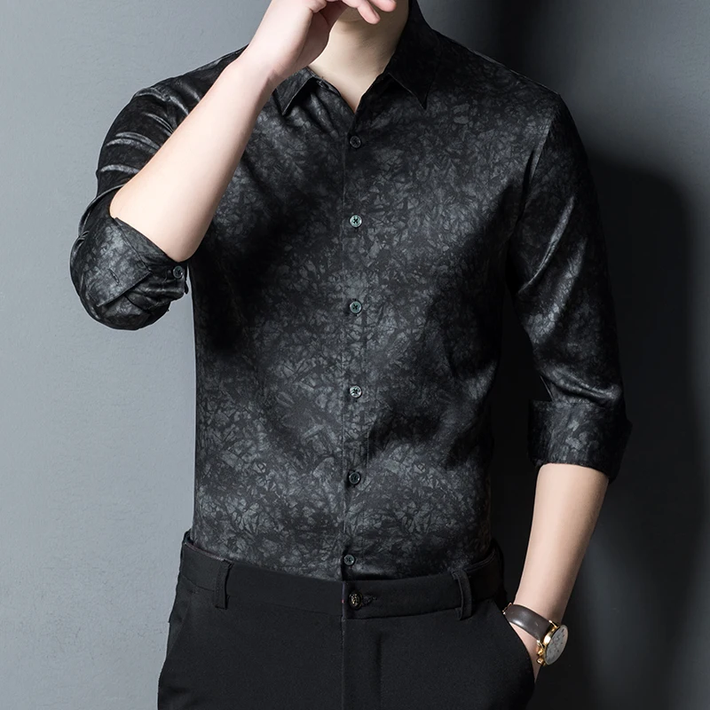 High Quality Elegant Black Real Ice Silk Shirts With Printed Mens