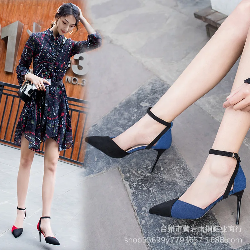 

2019 Summer New Style Fashion Sandals Women's Pointed Toe Thin Heeled Suede Buckle Mixed Colors Cover Heel WOMEN'S Sandals