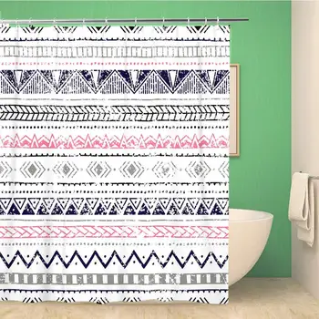 

Bathroom Shower Curtain Colorful Ethnic Geometric Lines on Blue Gray Pink Black 66x72 inches Waterproof Bath Curtain Set with