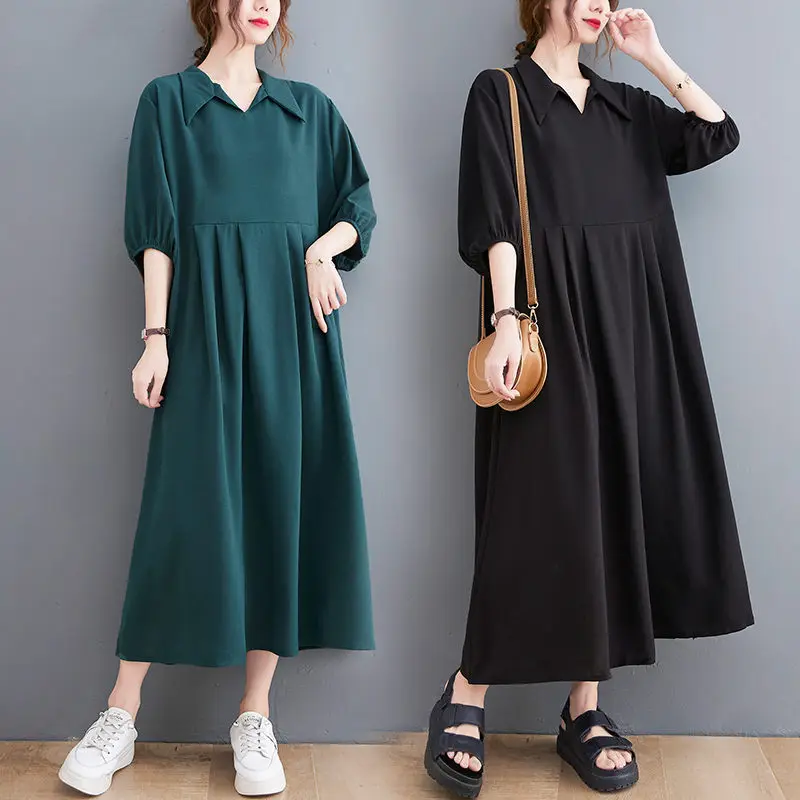 

French Retro Women's Summer Dress 2021 Fashion Casual New Long Temperament Shirt Dress Loose Solid Color Robes zh1452