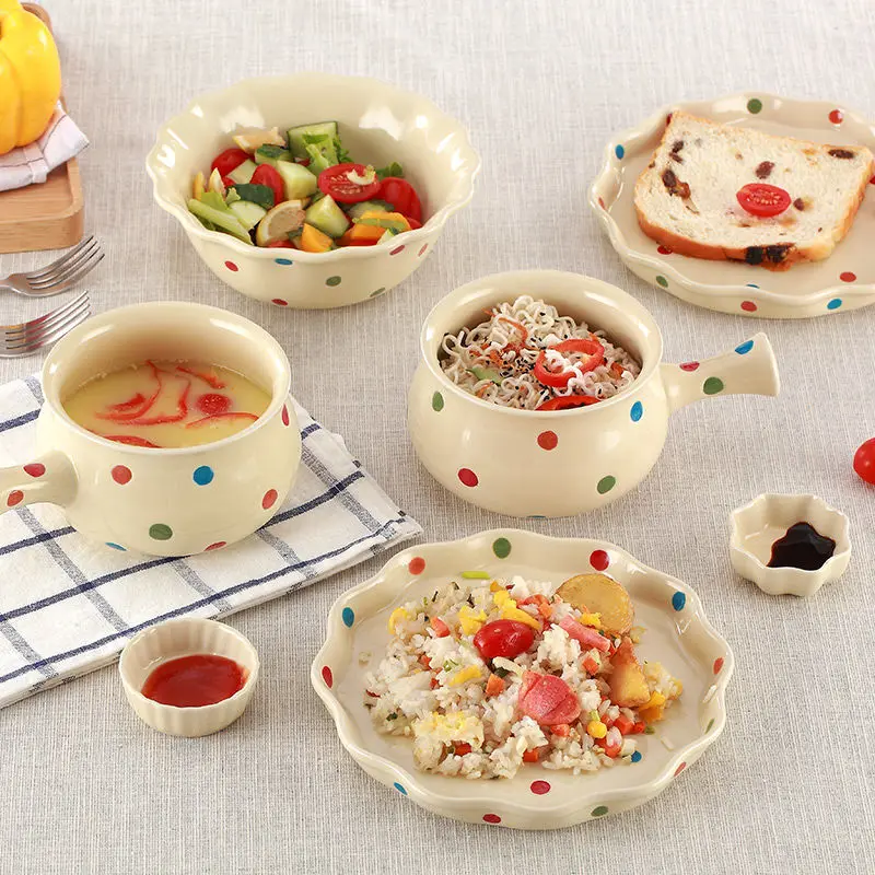 Wave Point Bowl Set Ceramic Dishes Cutlery Cute Breakfast Plate Cereal Small Glass Candy | Дом и сад