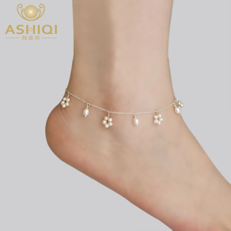 

ASHIIQI Natural Freshwater Pearl Anklet for Women Real 925 Sterling Silver Handmade Jewelry Wedding