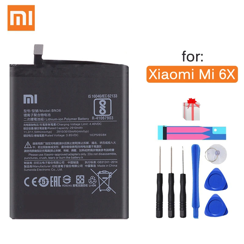 

Xiao Mi Original Phone Battery BN36 for Xiaomi Mi 6X Mi6X Mi A2 MiA2 2910mAh High Capacity Replacement Battery Free Tools