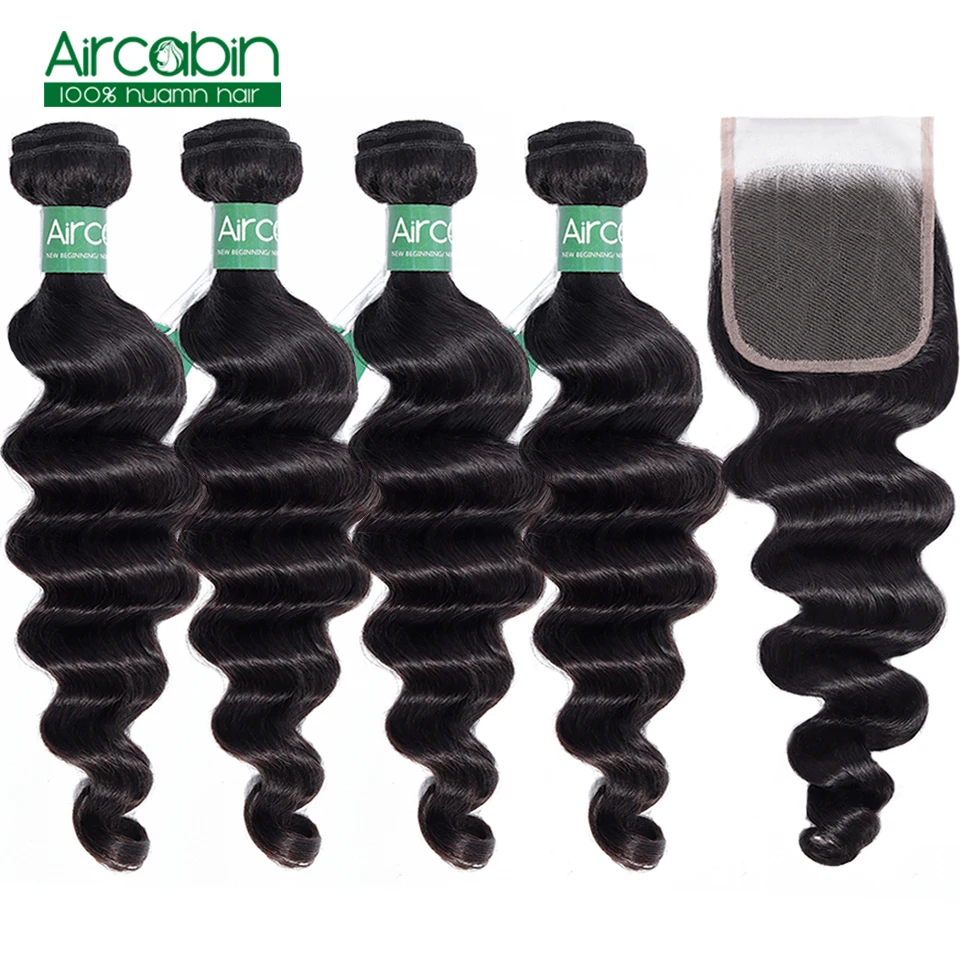 

Aircabin 3/4 Loose Deep Wave Bundles With Closure Remy Human Hair Weave Bundle Peruvian Hair Extensions Can Be Dyed