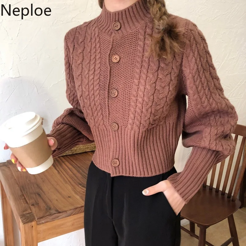 

Neploe Autumn New Sweater Cardigan Women Retro Twist Single Breasted Knit Coat Slim Half Turtleneck Elegant Pull Femme 53810