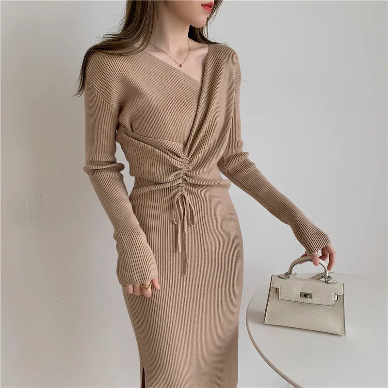 

One-Piece Knitting Dress Fairy V-Neck Drawstring Korean Elegant Long Sleeve Autumn Winter Ladies Sweater Dresses For Women 2022