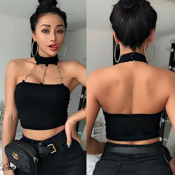 

Meihuida Summer Women Sexy Halter Metal Chain Stretch Skinny Crop Tops Short Shirts Fashion Hip Hop Girl Cool Streetwear