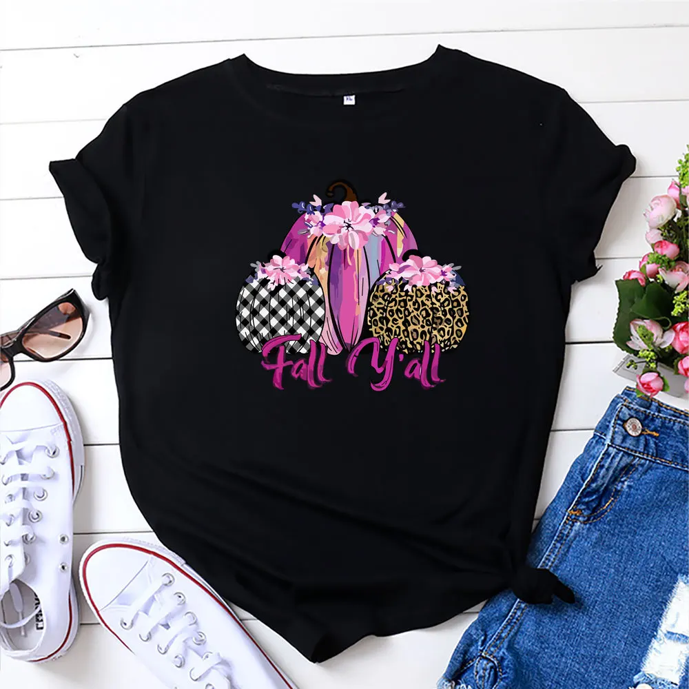 

100% Cotton Summer New Women's T-shirt O-Neck Harajuku Fall Colorful Bow Print Top Casual Female T shirt Oversized Size S-5XL