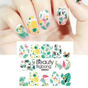 

BeautyBigBang 1Sheet Flamingo Nail Art Stickers Water Decals Designs Tropical Pineapple Leaf Decoration For Nails Foil Sticker