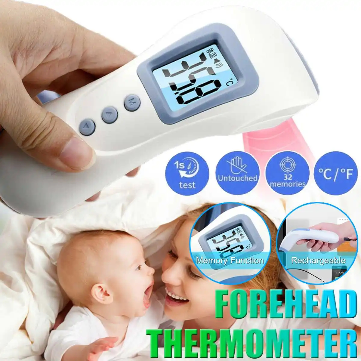 

Forehead Thermometer Non Contact Infrared Thermometer Body Temperature Fever Digital Measure Tool for Baby Adult rechargeable