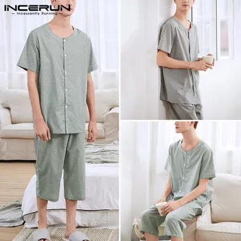 

INCERUN Vintage Striped Men Pajamas Sets Breathable Homewear Short Sleeve 2020 Sleepwear Tops Casual Calf-length Pants Mens Sets