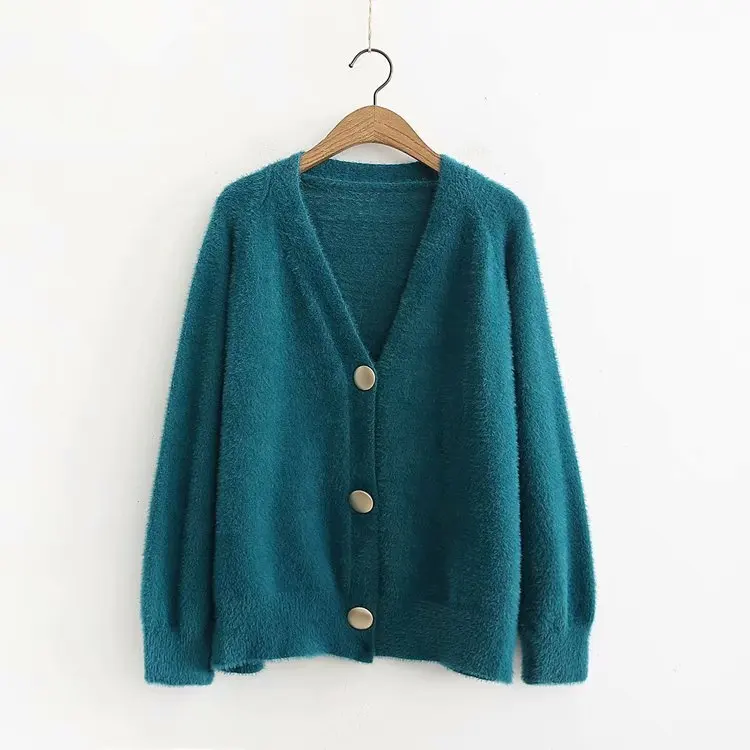 Loose Cardigan Sweater Women Gold Buckle Knitted Jacket Coat Solid Color V Neck Cardigan Autumn Winter Women Clothes