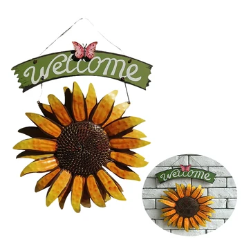 

Welcome Sign Pastoral Garden Painting Shop Craft Outdoor Iron Sunflower Retro Indoor Wall Art Home Decor Door Hanging Party