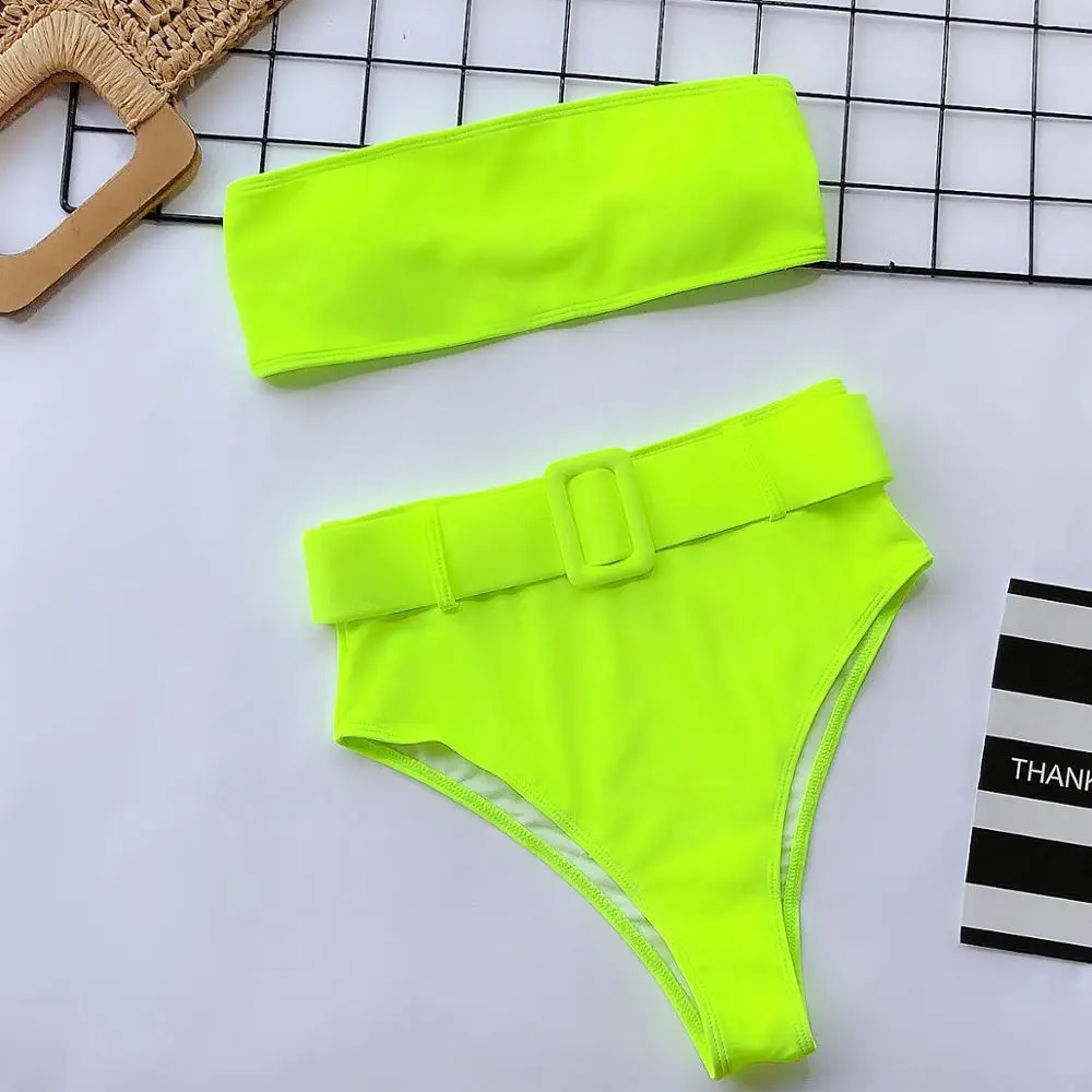 

High Waist Two Piece Swimsuits 2019 Women's Swimming Suit Sexy Bandeau Bikini Women Swimwear Solid Bikini Set Swimming with belt