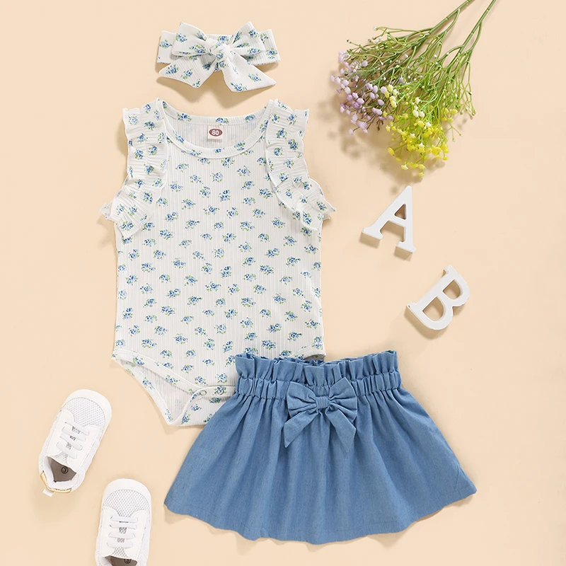 

Summer Hot Sale Girl Baby Clothes 6-9 Months Sleeveless Vest Blue Floral Print Romper + Denim Blue Skirt With Headband Outfit