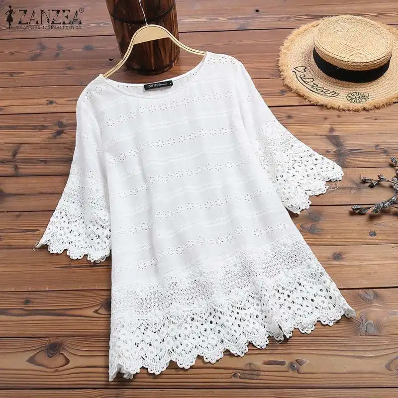 Women's Embroidery Blouse 2022 ZANZEA Elegant Lace Tops Summer Hollow Blusas Female Long Sleeve Shirts Solid Tunic Plus Size |