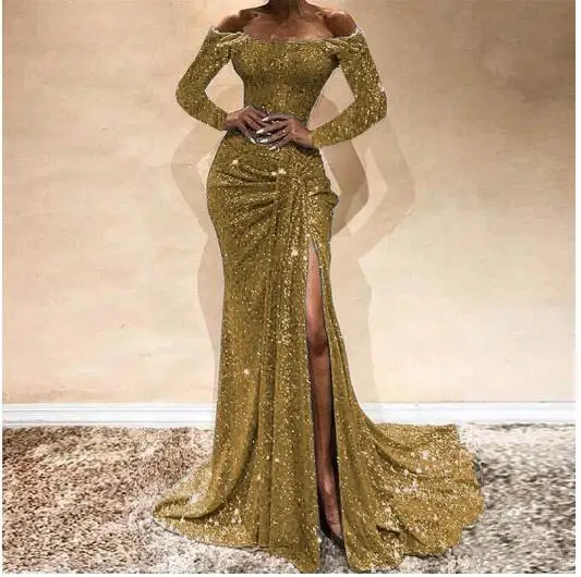2022 Girls Sexy Boat Neck Off Shoulder Sequined Evening Gowns Side Split Mermaid Dress Long