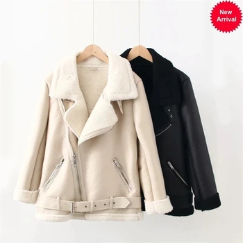 

Style Women's Moto&Biker Loose Faux Leather Patchwork Lamb Keep Warm Thick Jacket Coat Turn-down Collar with Belt