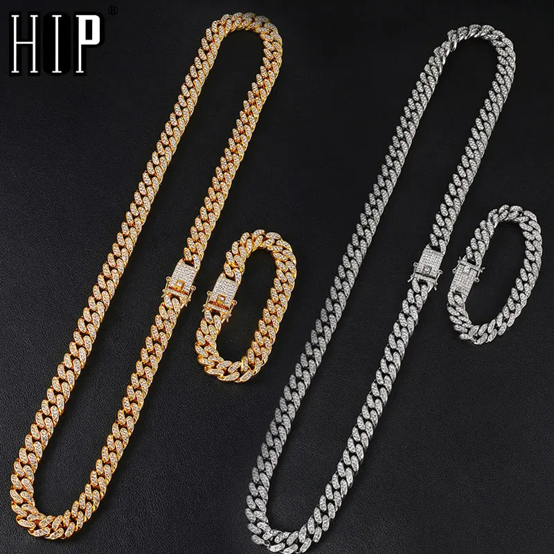 

1Set 13MM Full Iced Out Paved Rhinestones Gold Silver Miami Curb Cuban Chain CZ Bling Rapper Necklaces For Men Hip Hop Jewelry