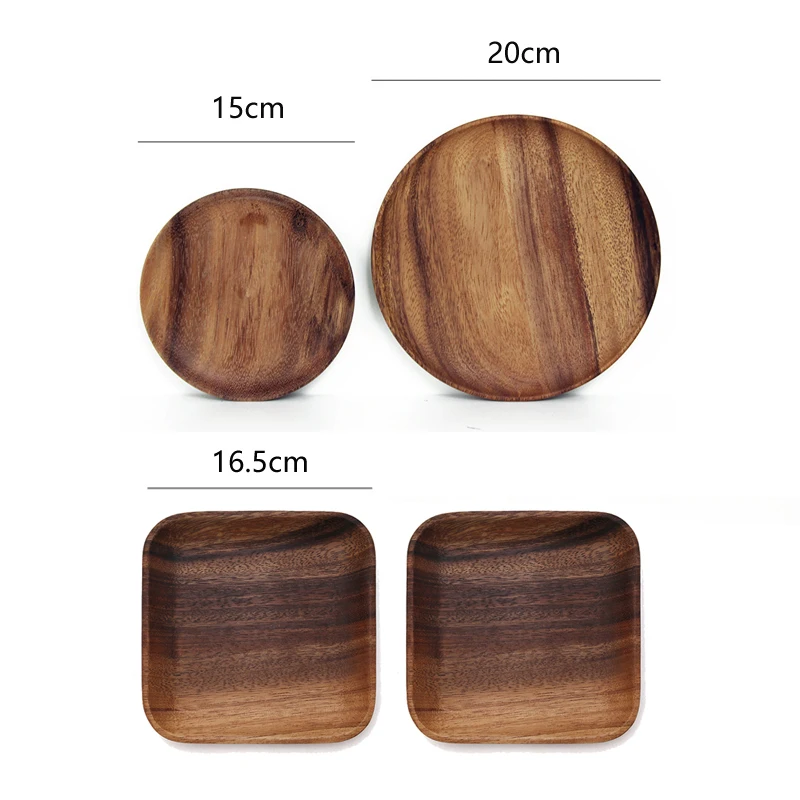 2Pcs Acacia Wood Plate Set Wooden Dish Plate Cake Dessert Square Round Dinner Wooden Tableware Cutlery