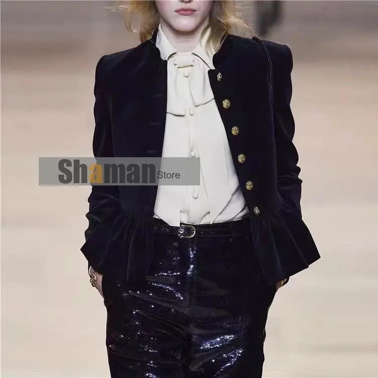 

Luxury Designer 2020 runway Winter clothes women Black Velvet Puffer Jacket Gold Buckles Stand Collar Ruffle Coat woman jacket