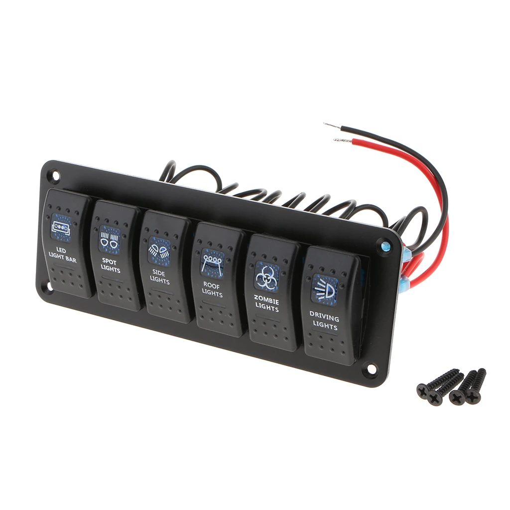 6-Gang Car Marine Boat Circuit LED Rocker Switch Panel W Install Accessories