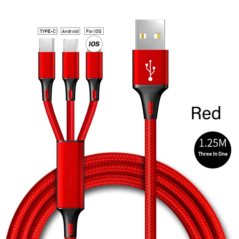 USB кабель 3 в 1 для iPhone XS X 8 7 6 зарядное устройство Micro USB кабель для Android Xiaomi TypeC кабели для мобильных телефонов для samsung - Цвет: Красный