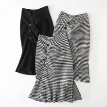 Черная эластичная юбка с оборками, с высокой талией, с рисунком рыбьего хвоста для женщин, зимние юбки для женщин