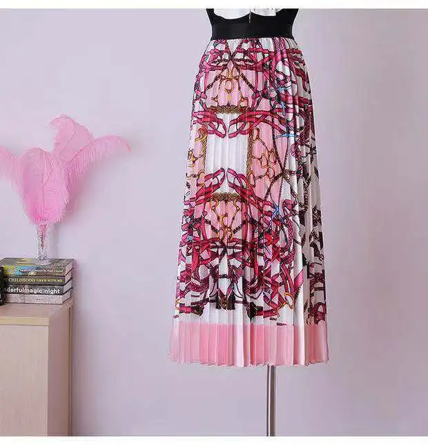 

high waisted pleated A word skirt women solid color ruffle A word skirt Elastic Waist Print Maxi Dress Medium