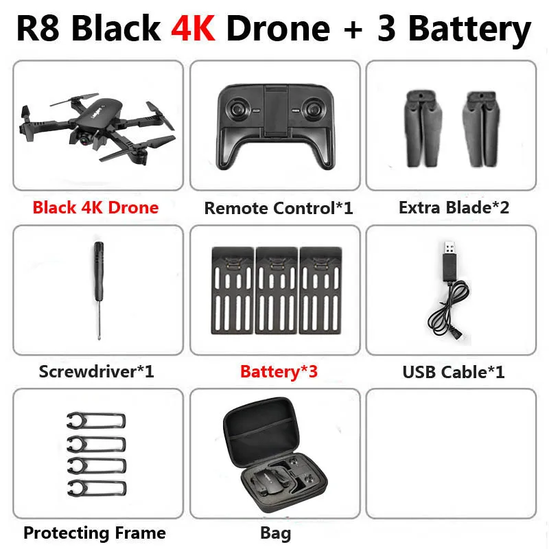 R8 1808 дрон с двойной камерой 1080P 4K PX1600W HD WiFi FPV оптический поток автоматическая красота RC квадрокоптер вертолет XS816 SG106 - Цвет: Black 4K 3B Bag