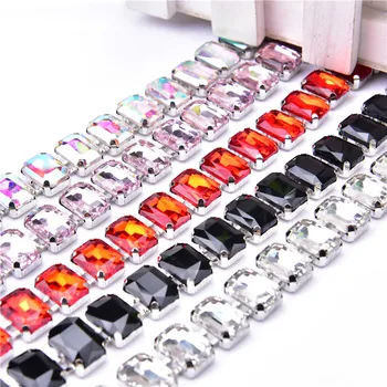 

1yds 10*14mm rectangle glass clear AB Crystal colorful Glass Rhinestone Bridal Trim Fashion Chain applique Silver