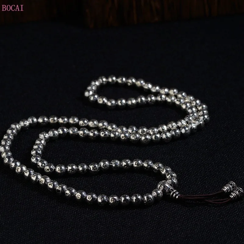 S925 Серебряный Античный стиль буддийский шесть слов 6 мм Серебряный браслет для женщин 108 бусины браслет