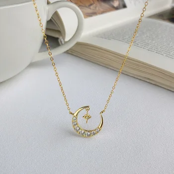 

925 Silver Moon zircon Stars Pendant Necklace Jewelry Minimalism Chocker Kolye Vintage Collier Bijoux Femme Women Fashion