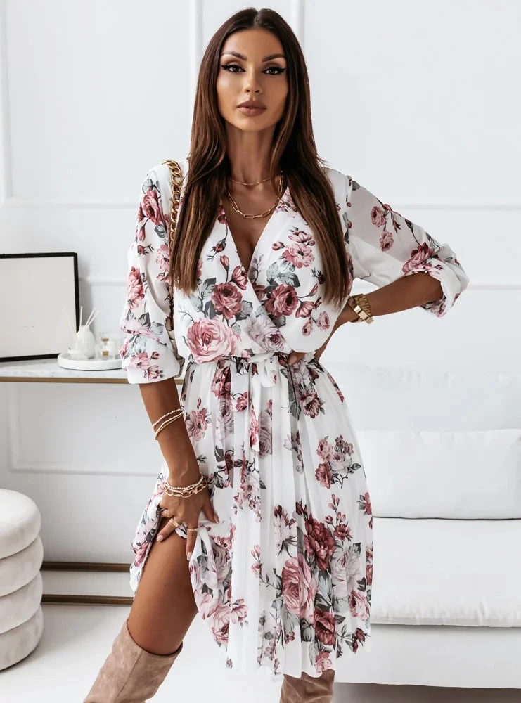 Chiffon Long Sleeve Floral Print Dress Women 2021 Autumn Casual Deep V Neck Green Pleated Office Dresses For Women Robe Femme summer dresses for women