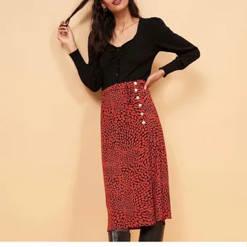 

2020 spring new side slits breasted lip printed women straight skirt