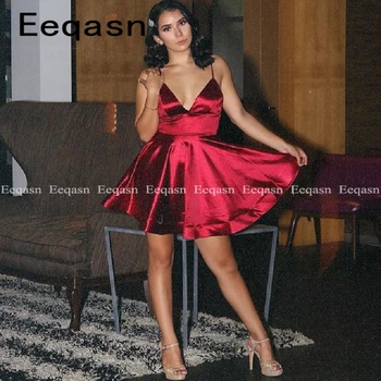 

Sexy Sleeveless A-Line Cocktail Dresses Spaghetti Straps Stretch Satin Homecoming Party Gowns 2020 vestidos coctel