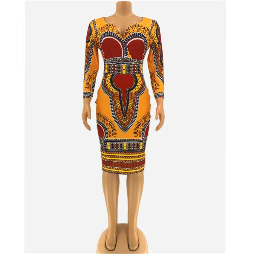 Африканские платья для женщин с принтом Дашики, новинка, этнический стиль, v-образный вырез, женская одежда, повседневное сексуальное платье, вечерние платья