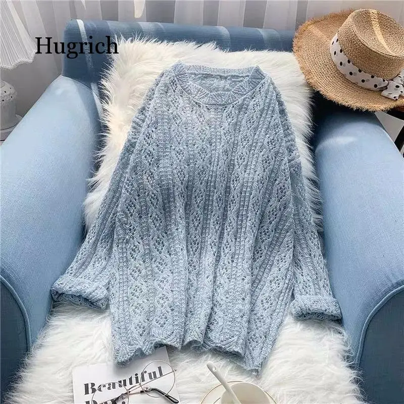 

Ice Silk Loose Round Neck Thin Knitted Sweater Female Sunscreen Striped Solid Hollow Lazy Sweater Pullover Female Spring Summer