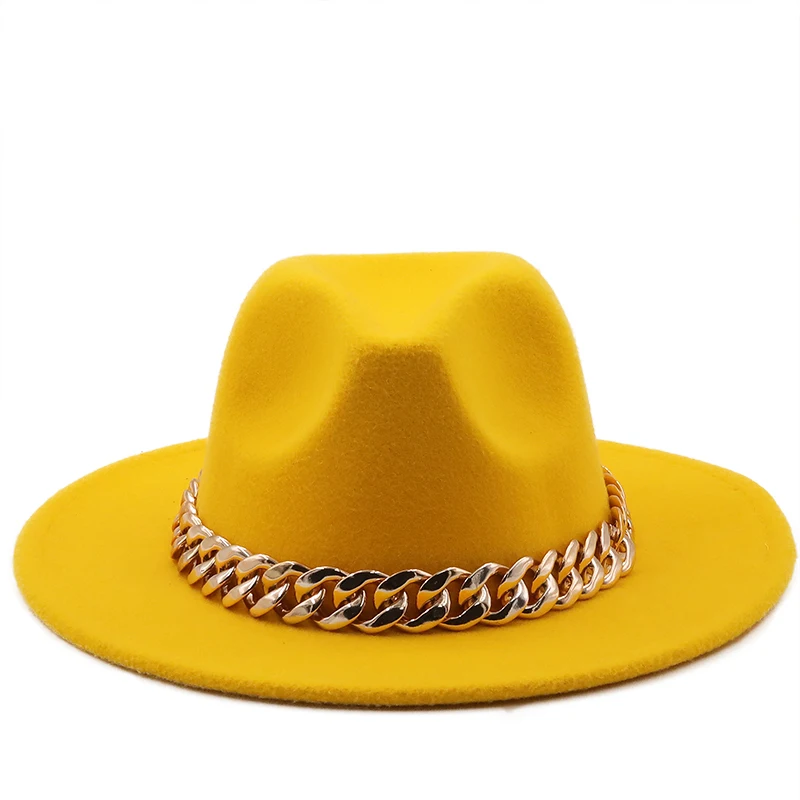 womens's hat wide brim Thick gold chain band classic black beige felted hat panama cowboy jazz men caps luxury fedora women hats 4