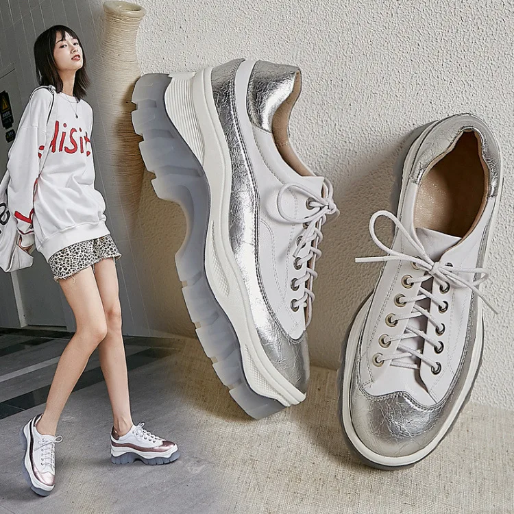 

2019 Spring And Autumn New Style Genuine Leather Thick Bottomed Single Shoes Women's Versatile Fashion & Sports Casual White Sho