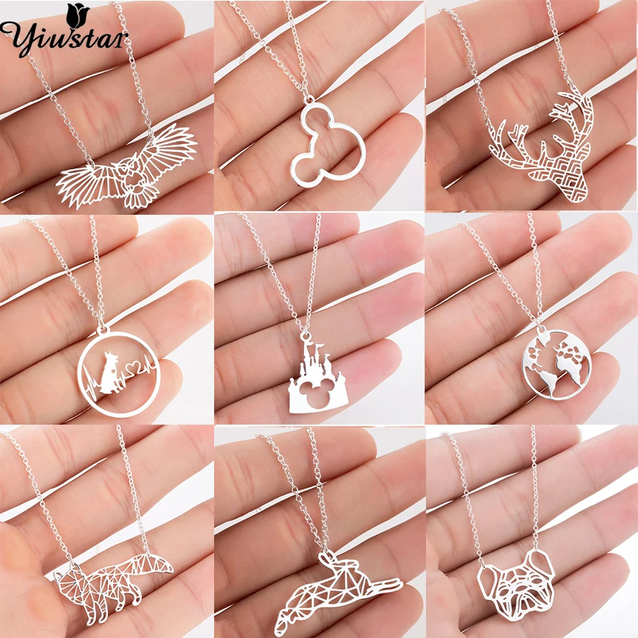 

Yiustar Stainless Steel Hollow World Map Pendant Necklace for Women Jewelry Collier Fashion Animal Mickey Fox Necklaces kolye