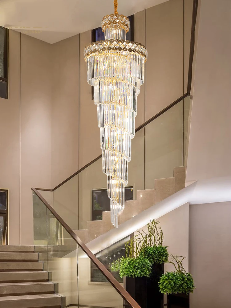 

Modern Crystal Chandelier For Staircase Long Villa Chain Lighting Fixture Large Home Decor Gold Stainless Steel Crystal Lamp