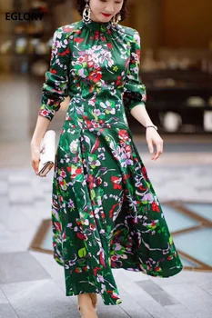 

Top Quality New Cotton Long Dress 2020 Spring Fashion Style Women Stand Neck Colorful Floral Print Long Sleeve Green Maxi Dress