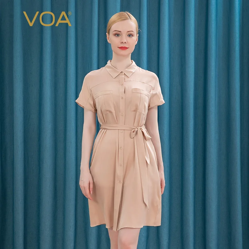 Женское платье с двойным воротником Voa 19 мм длинное цвета шампанского карманами